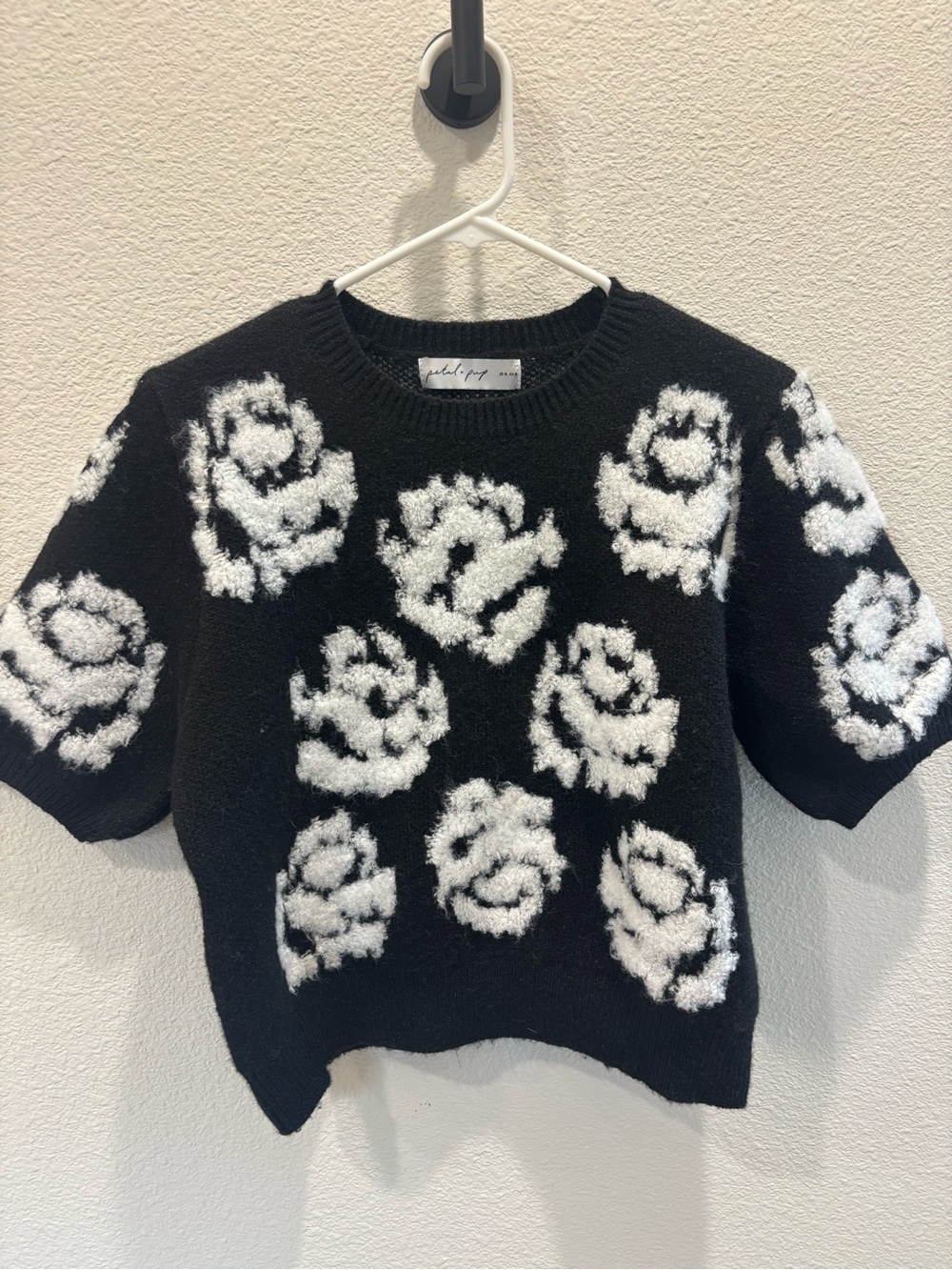 Petal & Pup Black Crewneck Sweater with White Floral Chenille